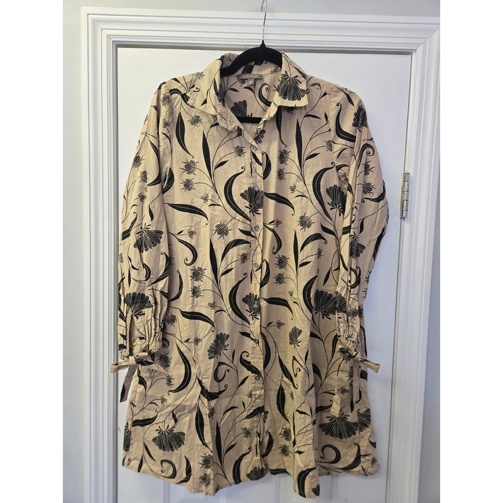 Lilla P Tan Black Floral Botanical Button Front Shirt Dress Tie Cuff XS
